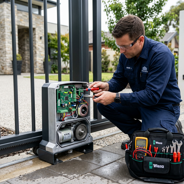 Technician installing gate automation